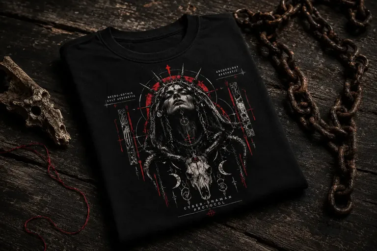 Folded black long sleeve with antlered skull and chains on dark wood