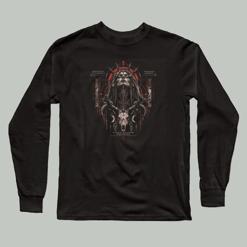 Black long sleeve with antlered skull and chains: Cyber Shaman Protocol necro-gothic print