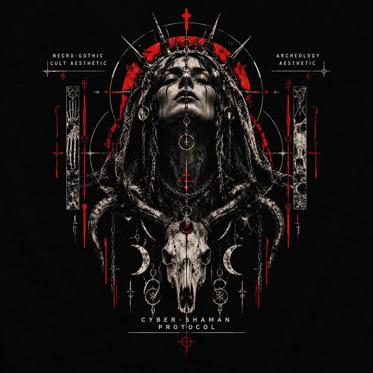 Cyber shaman clothing print: gothic skull with thorn crown, chains and skeletal hand
