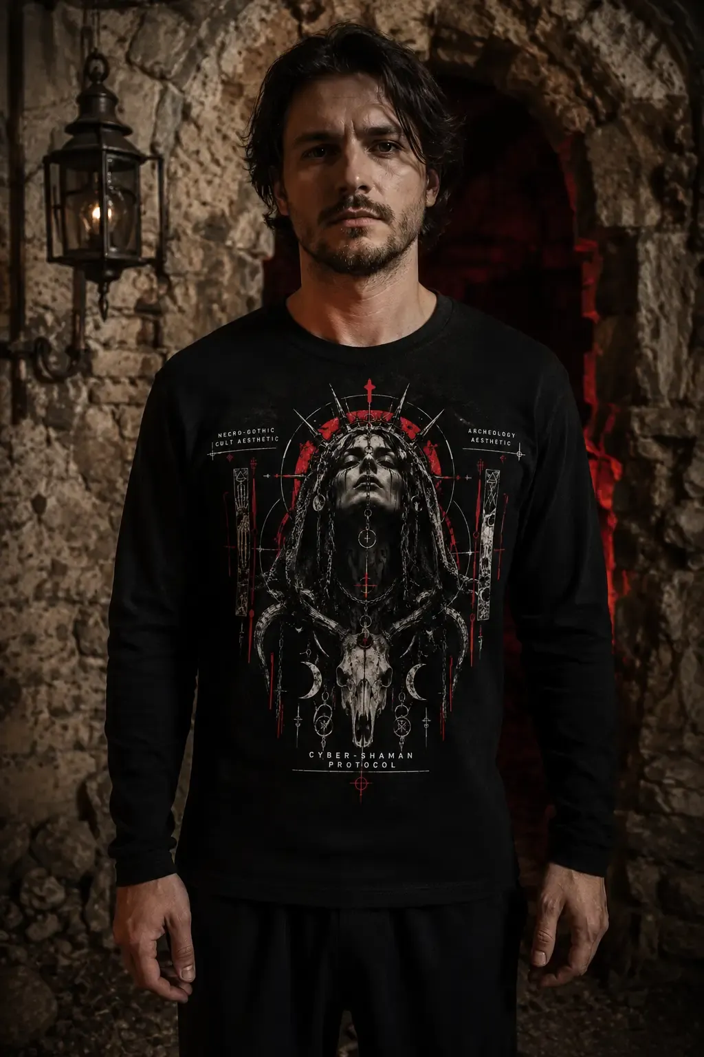 Man wearing the Cyber Shaman Protocol long sleeve in a stone cellar
