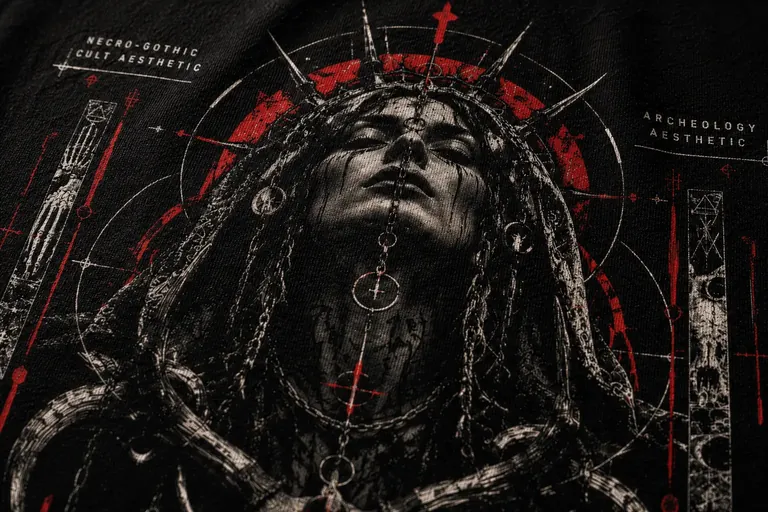 Dark art archeology aesthetic t-shirt print detail on black cotton, gothic streetwear skeletal hand print